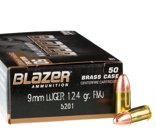 50 Rounds of 9mm Ammo by Blazer Brass - 124gr FMJ
